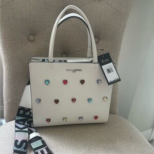 Karl Lagerfeld White Cross Body Bag with crystal Heart Embellishments